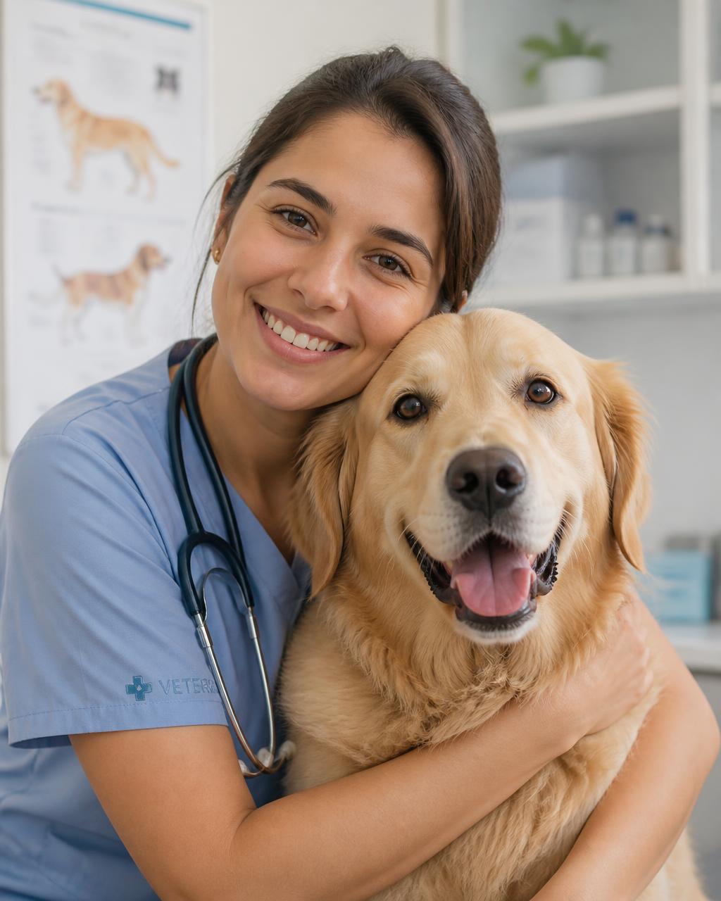 Veterinária da equipe Lonpet sorrindo enquanto abraça um cão
