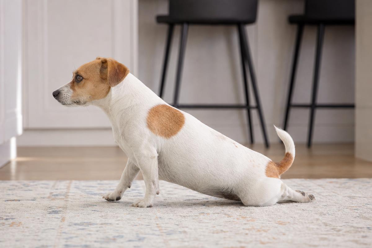 Cão com esfrega o bumbum no chão