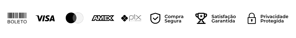 Formas de pagamento: boleto, Visa, Mastercard, Amex e Pix, com selos de compra segura, satisfação garantida e privacidade protegida